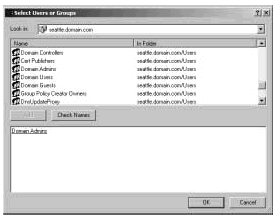 Figure 8-7: Use the Select Users Or Groups dialog box to apply the user right to users and groups.