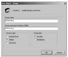 Figure 8-12: The New Object - Group dialog box allows you to add a new global group to the domain.