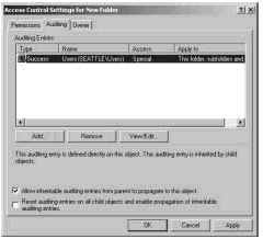 Figure 13-15: Once you audit object access, you can use the Auditing tab to set auditing policies on individual files and folders.