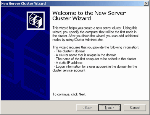 Welcome to the New Server Cluster Wizard