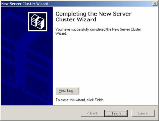 Completing the New Server Cluster Wizard