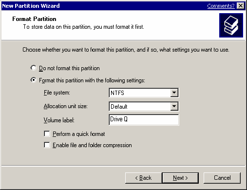 New Partition Wizard - Format Partition