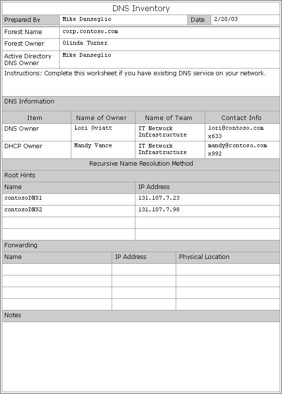 Example of a DNS Inventory Worksheet