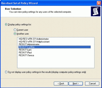 Figure 5: Choosing a target user in the RSoP wizard