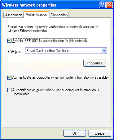 Figure 10 The Authentication tab for a wireless network