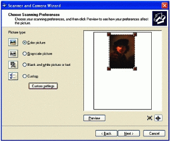 Figure 2: Choose your scanning options using the Scanner and Camera Wizard.
