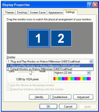 Figure 5: Dualview is enabled on a compatible display adapter in the Settings tab of the Display Properties dialog box.