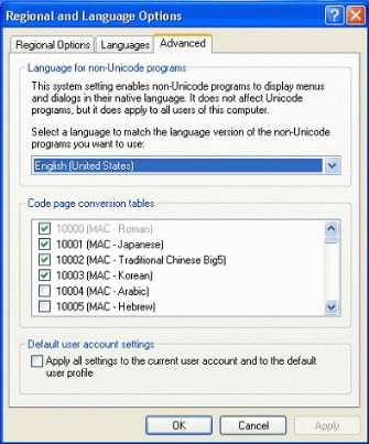 Figure 2: Regional and Language Options, setting the system ANSI code page