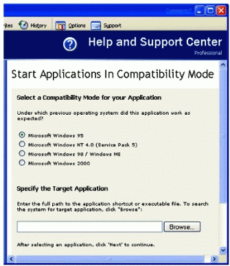 Figure 8: Windows XP can simulate conditions of earlier operating systems.