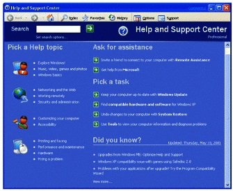 Figure 10: Windows XP provides one place to access help and support.