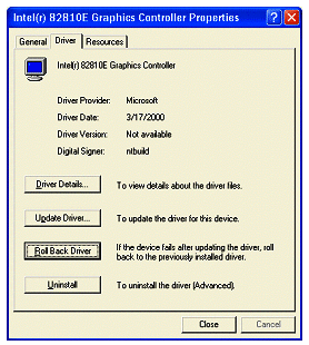 Figure 14: Windows XP supports easy roll back of drivers.