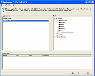 Figure 1: Using the Application Verifier tool