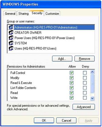 Figure 17-2 Security Properties page for a Windows folder