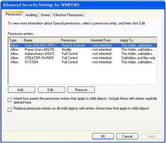 Figure 17-3 Advanced Security Settings for the Windows folder