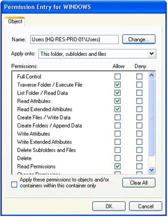 Figure 17-5 ACE that the Users group has for the Windows folder