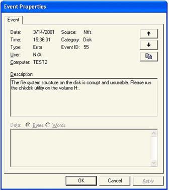 Figure 28-1 Chkdsk message in the system log in Event Viewer