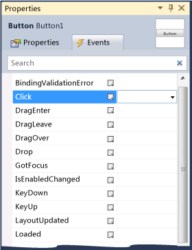 Properties window, events button