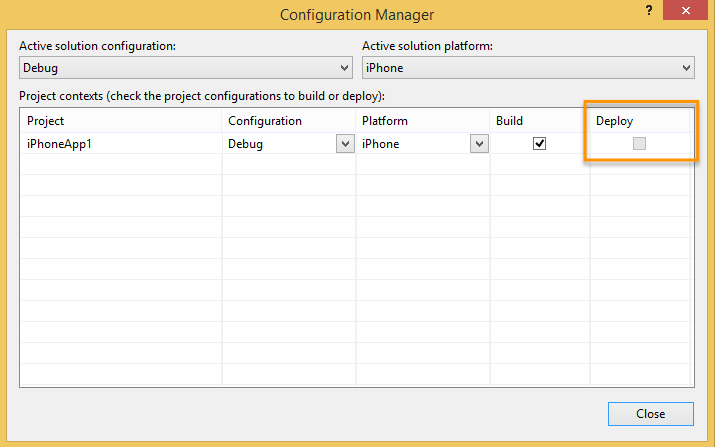 Visual Studio Configuration Manager showing the Deploy checkbox disabled for a Xamarin.iOS project in Xamarin 3.5