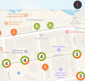 Map showing clustered markers and compass button