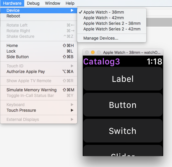 The simulator can switch between the two screen sizes using the Hardware Device menu