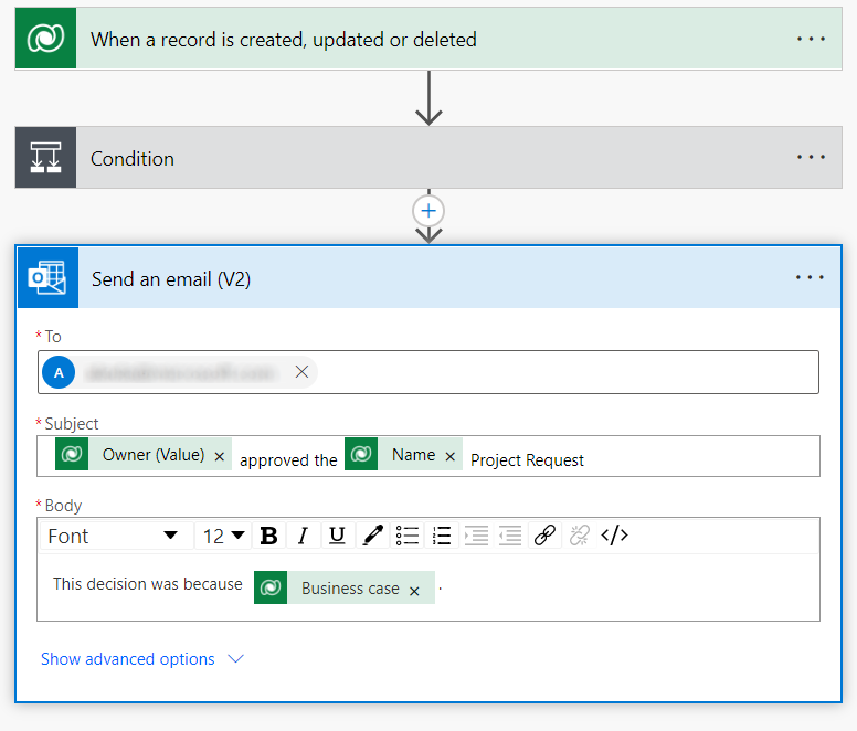 Example Outlook step in a customized cloud flow.