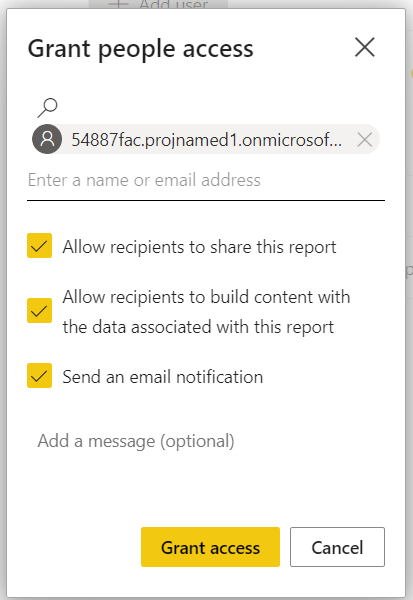 Sharing options for granting access to the Power BI report