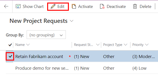 Select a project request and open it for editing.