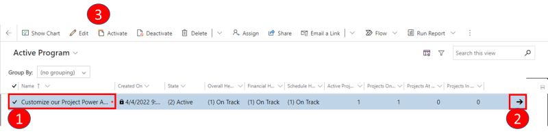 The Active Programs view lists key fields for listed programs. 1, Set the checkmark at the left edge of the row to choose a program. 2, Select the arrow at the right edge to open the program. 3, Or, choose an action on the command bar to apply the action to the selected program.