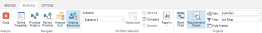 Requirements Details option highlighted on Analysis tab.