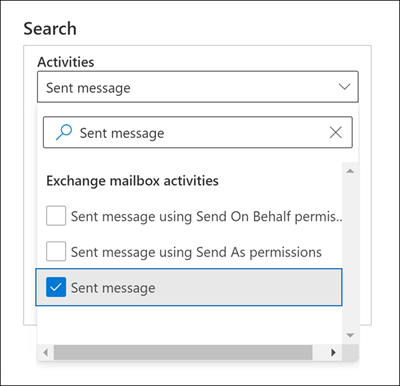 Searching for Sent message actions in the audit log search tool.