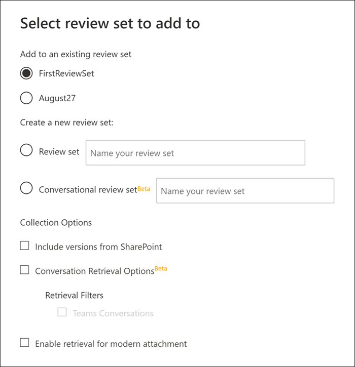 Select a review set and configure collection options.