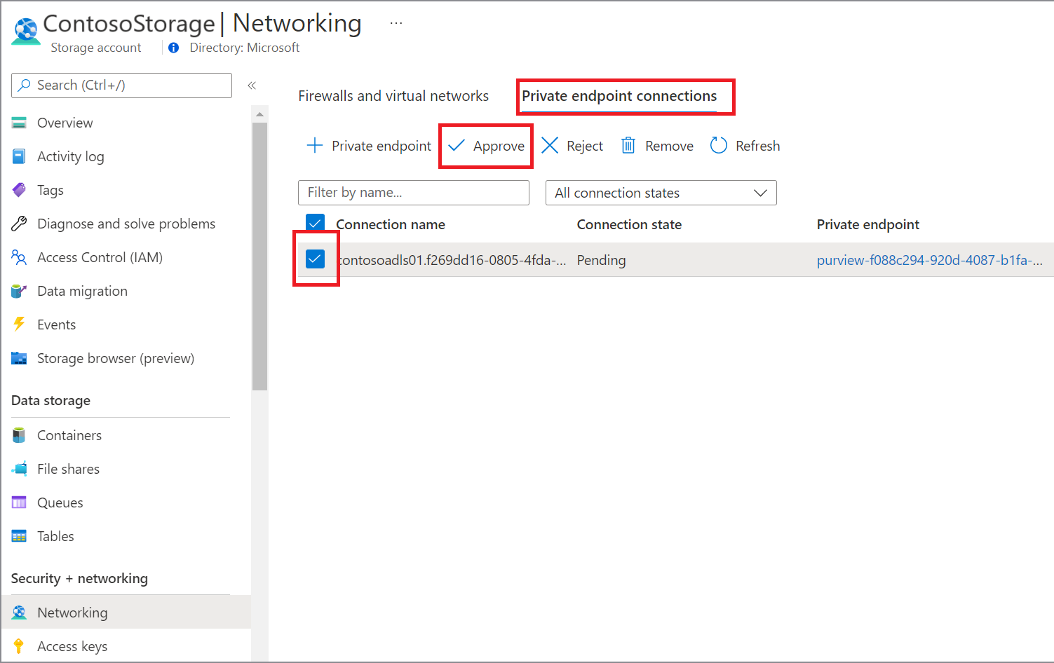 Screenshot that shows how to approve a  private endpoint for data sources in Azure portal