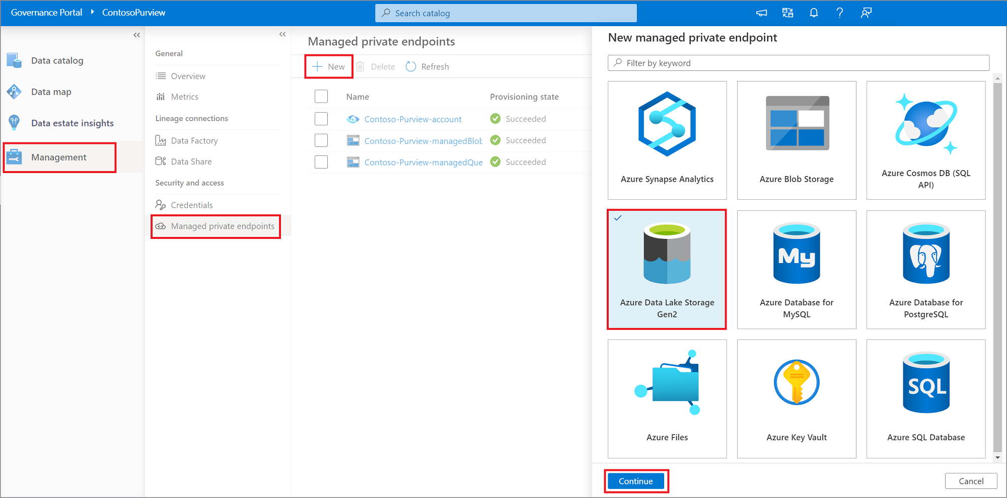 Screenshot that shows how to create a managed private endpoint for data sources