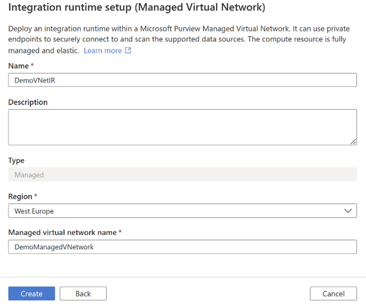 Screenshot that shows to create a Managed VNet Integration Runtime with details