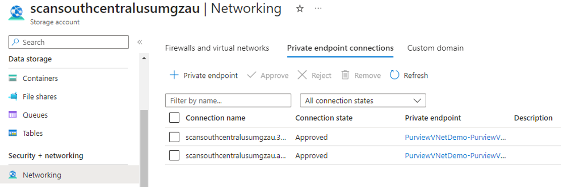 Screenshot that shows how to approve ingestion private endpoints for managed storage account