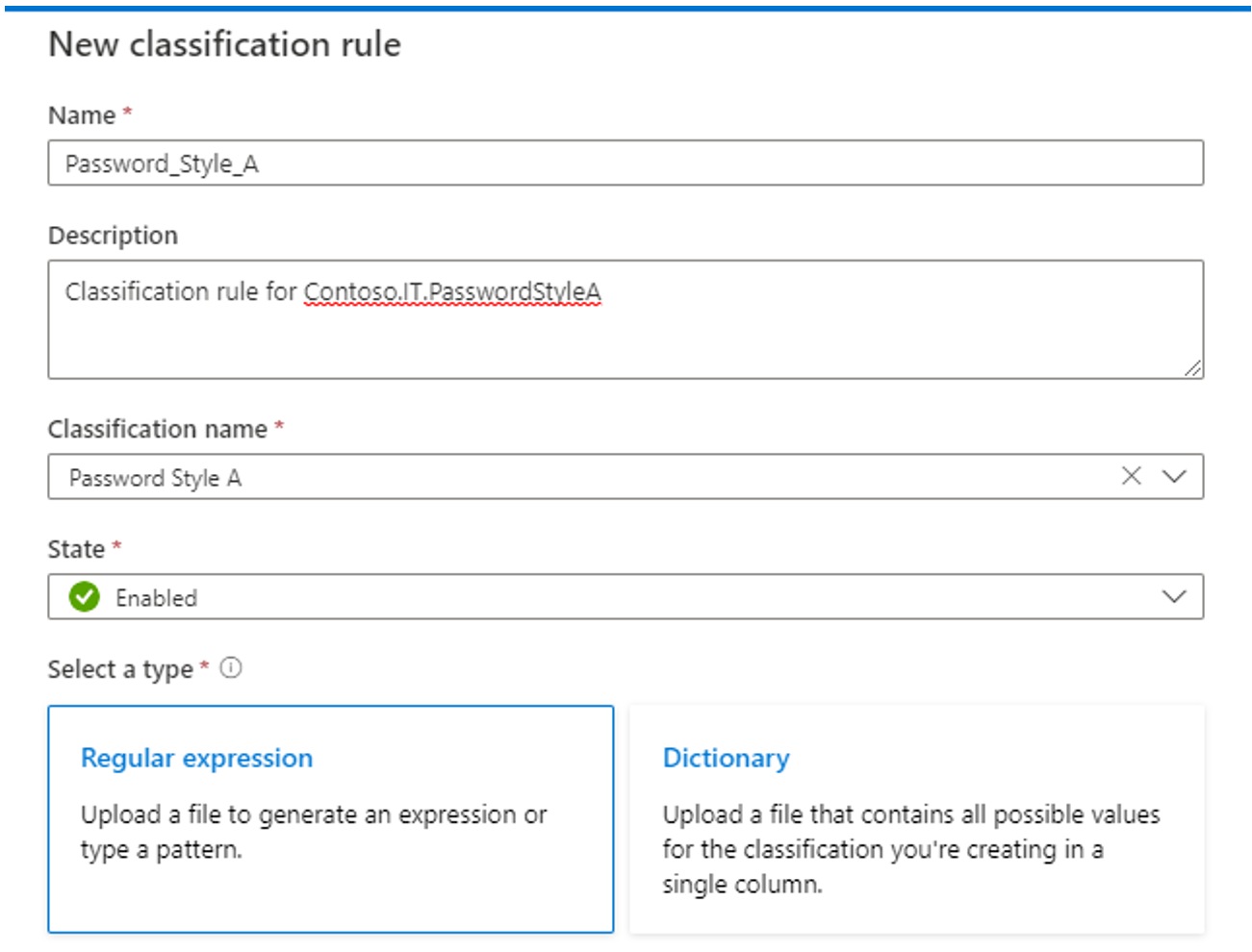 Screenshot that shows the 'Regular expression' and 'Dictionary' options for creating custom classification rules.