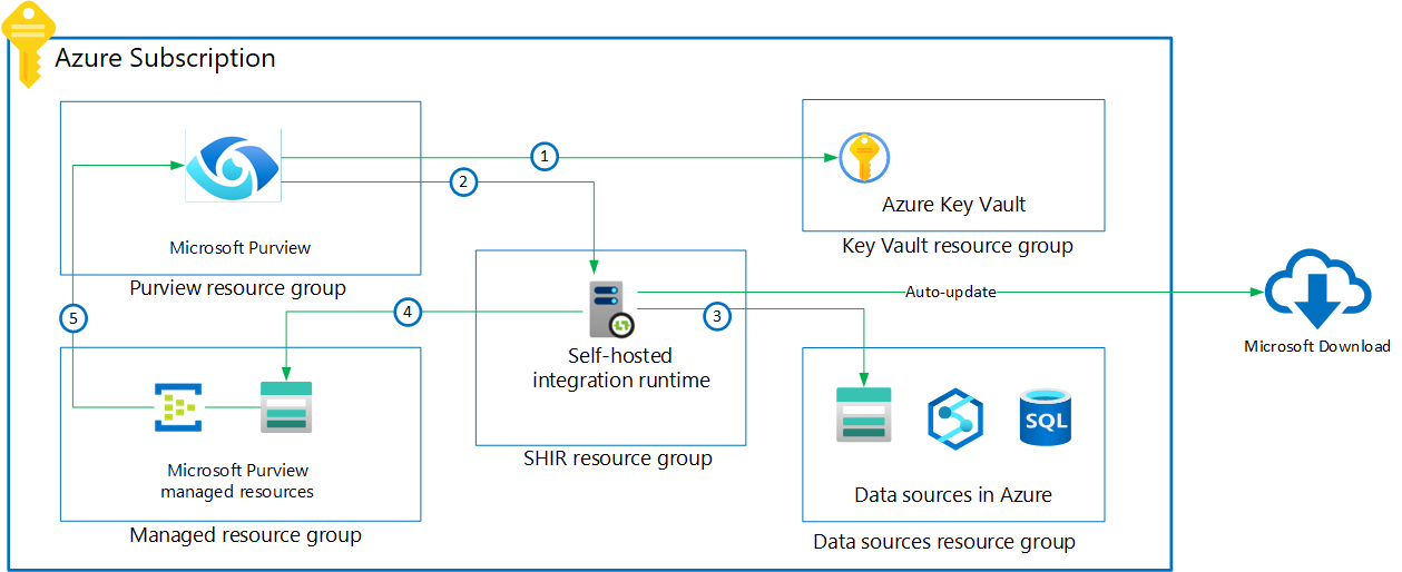 Screenshot that shows the connection flow between Microsoft Purview, a self-hosted runtime, and data sources.