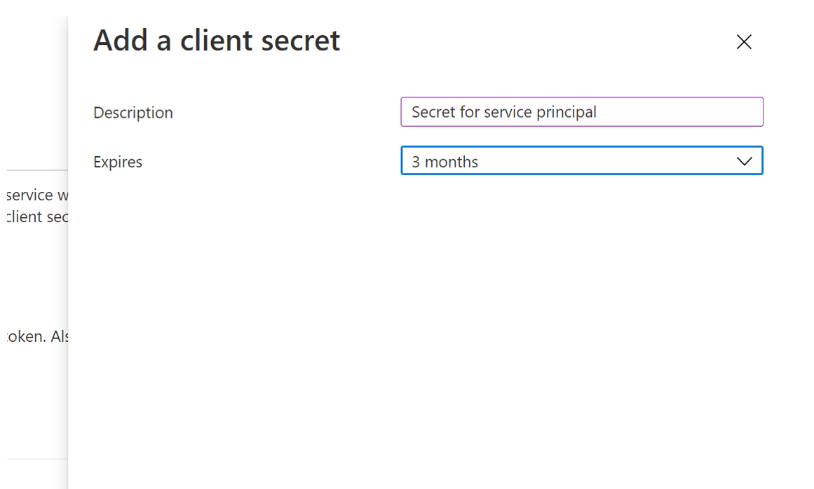 Screenshot that shows the client secret details.