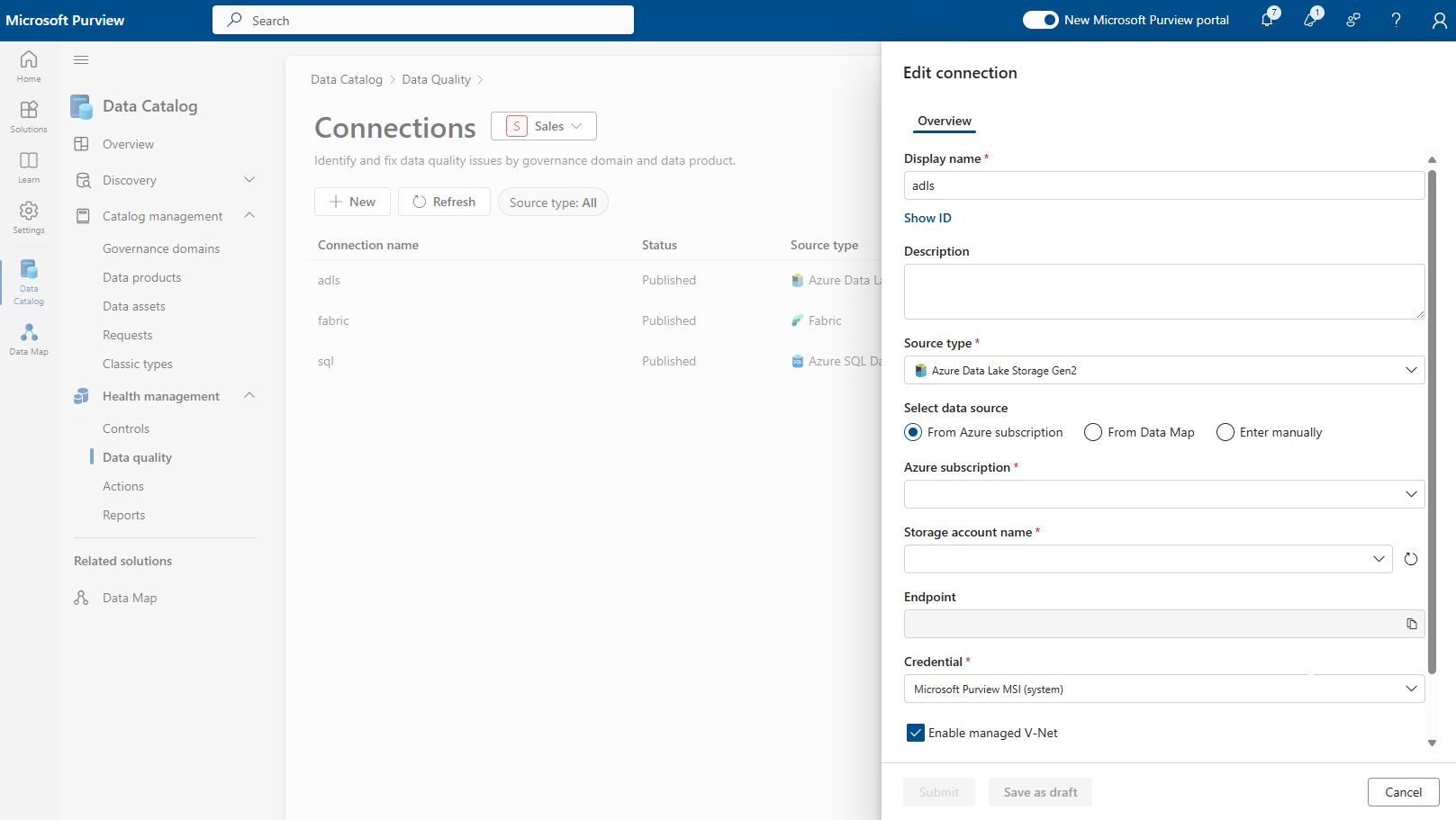 Screenshot of the data quality page, with a business domain selected and the connections page open.