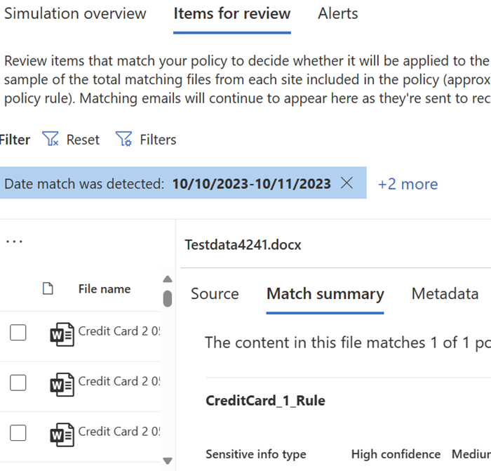 a screenshot of the items to review tab. It shows a flat list of items that matched the policy in simulation and lets you read the source item along with item metadata