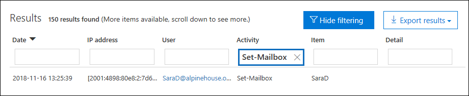 Filtering the results of an audit log search.