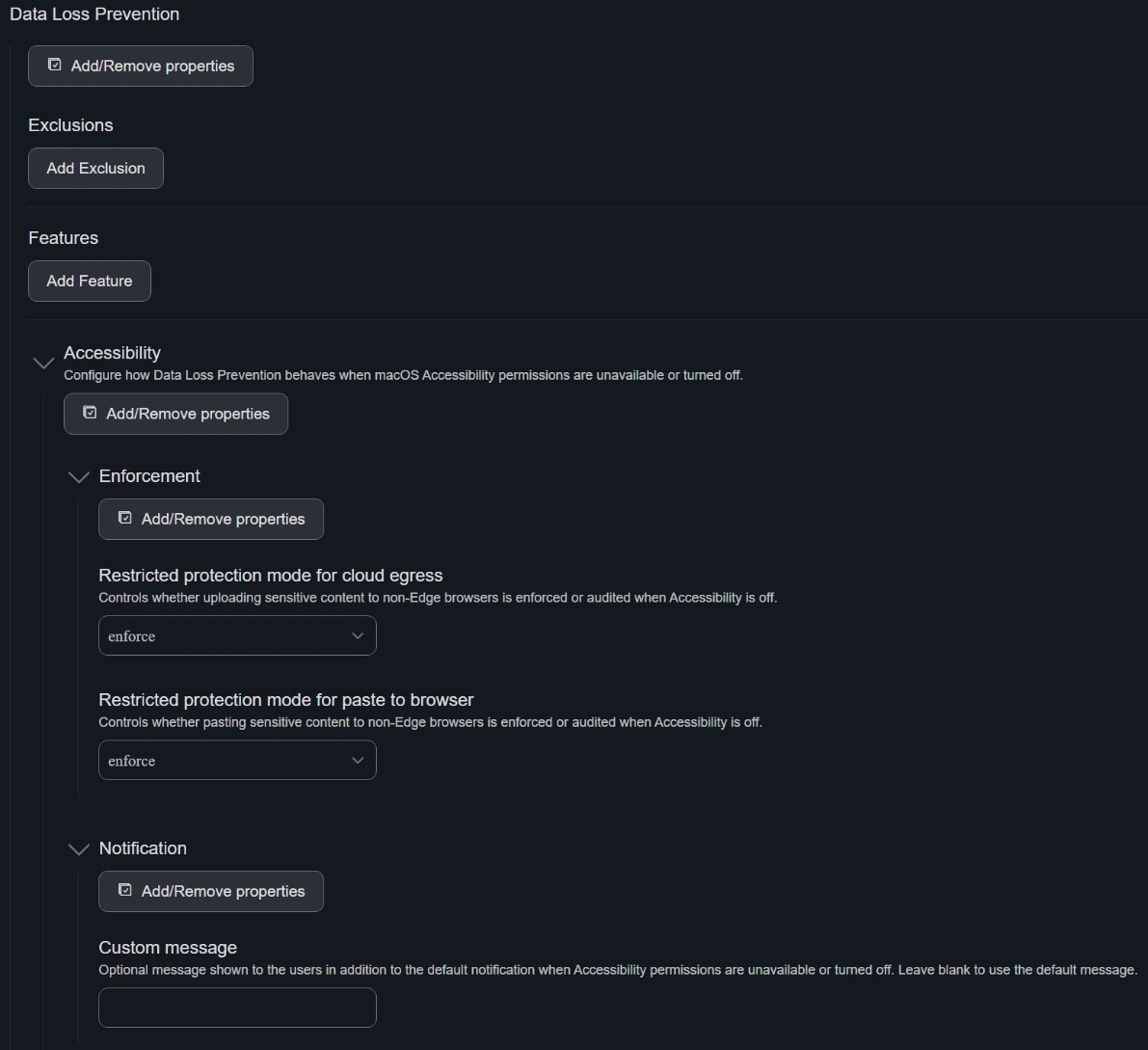 Screenshot of Jamf Pro Data Loss Prevention configuration with Accessibility enforcement and notification settings.