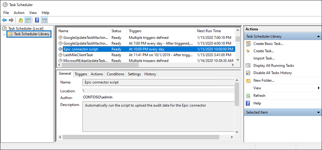 The new task for the healthcare connector script is displayed in the Task Scheduler Library.