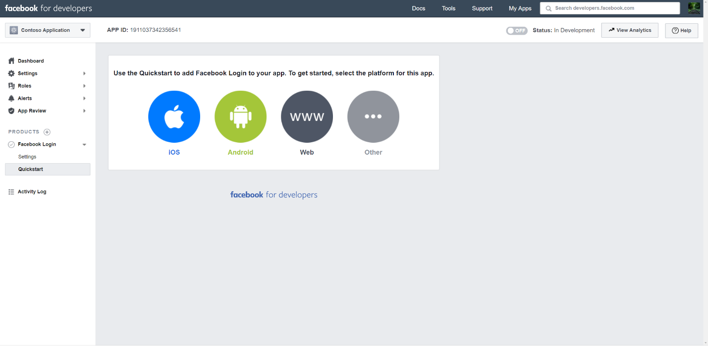 Select Web on the Integrate Facebook Login page.