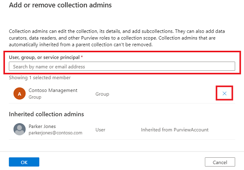 Screenshot of Microsoft Purview governance portal collection admin window with the search bar highlighted.
