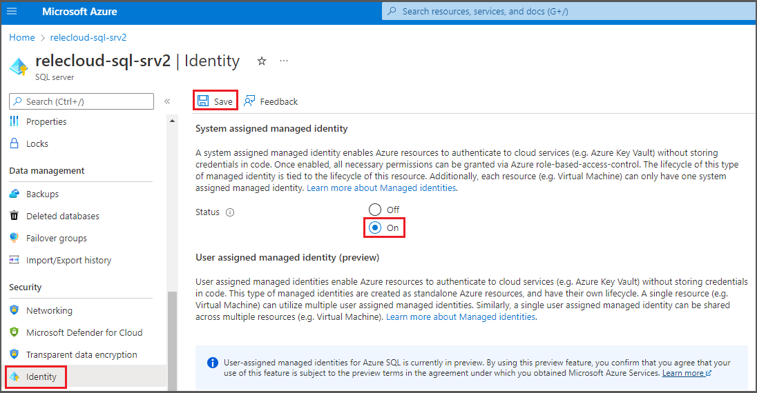 Screenshot that shows the assignment of a system-assigned managed identity to a logical server associated with Azure SQL Database.
