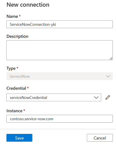Screenshot of a new ServiceNow connection with the instance and credential provided.