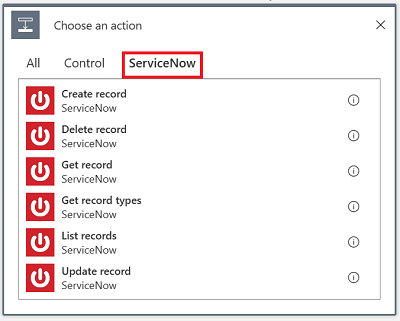 Screenshot of the choose an action menu, with the ServiceNow tab selected.
