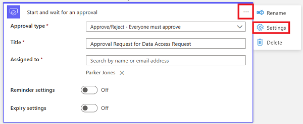 Screenshot of a start and wait for approval activity with the settings button highlighted.