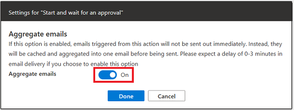 Screenshot of the aggregate emails setting in a workflow activity.